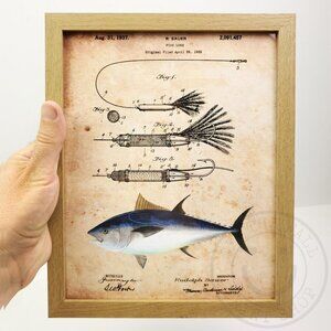 Bluefin Tuna Fishing Lure Rustic Patent Art Print Decor 8x10" Natural Framed